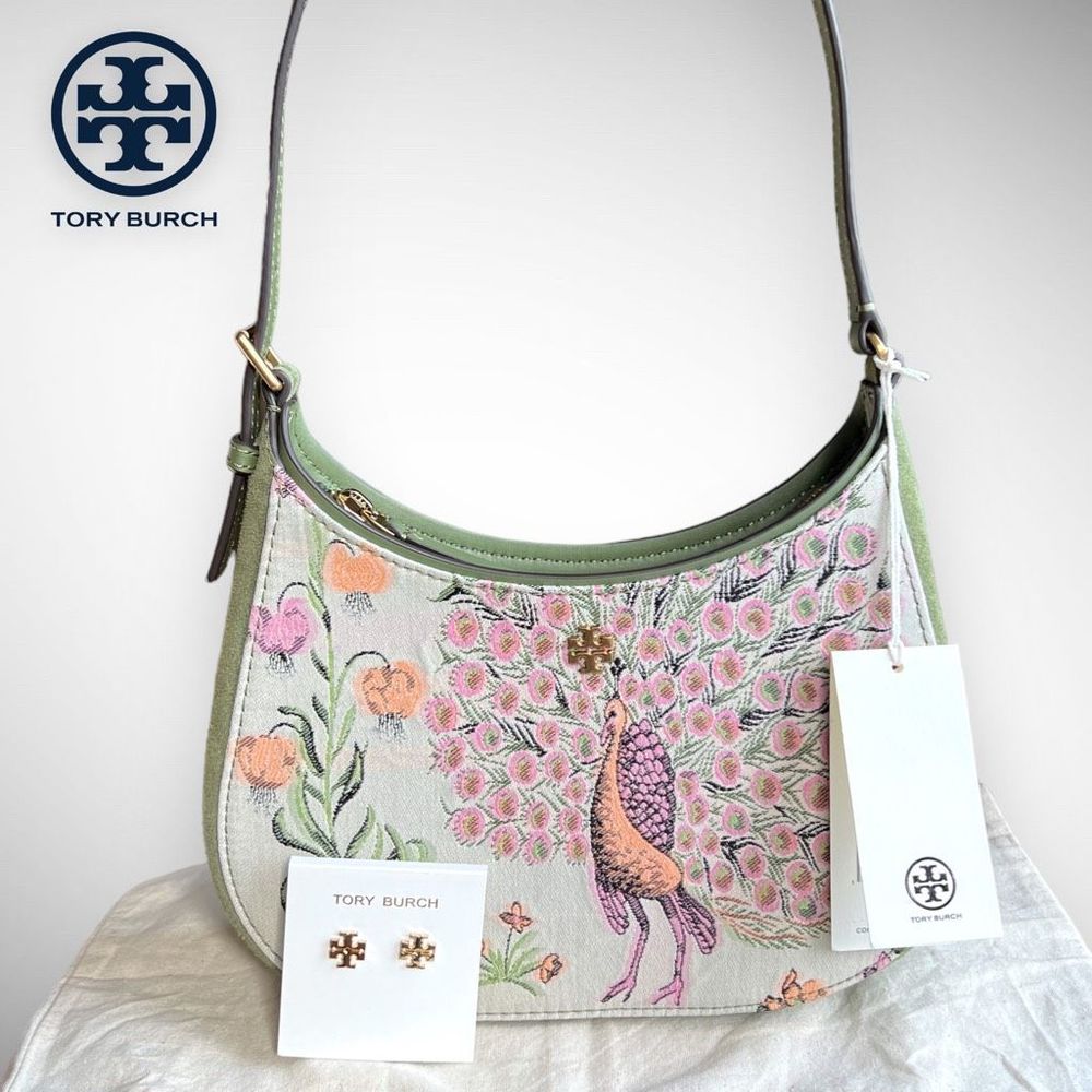 EUC RARE Tory Burch Emerson Brocade Zip Shoulder Bag Winter Sage